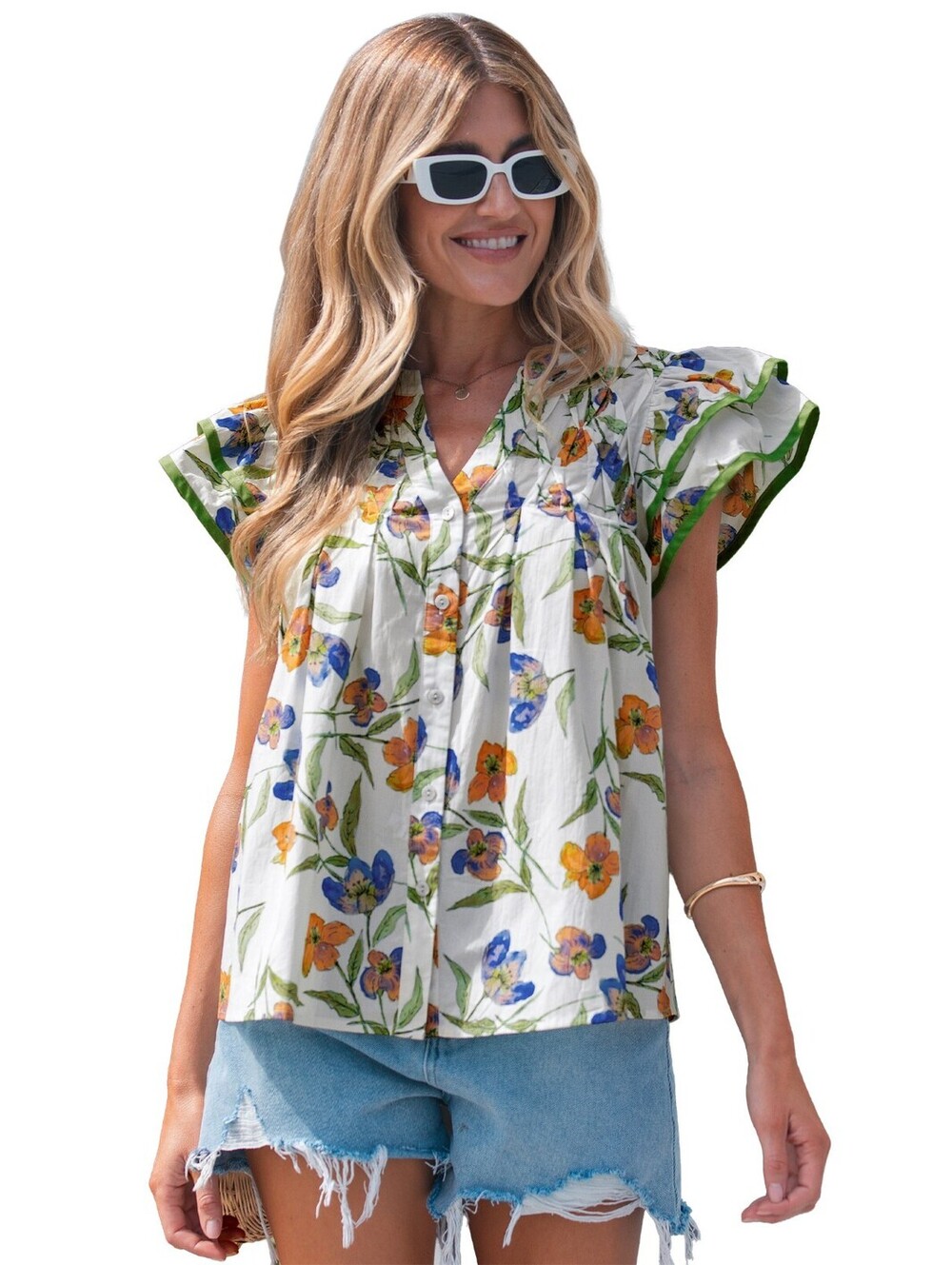 Women's Floral Print Ruffle Sleeve Blouse
